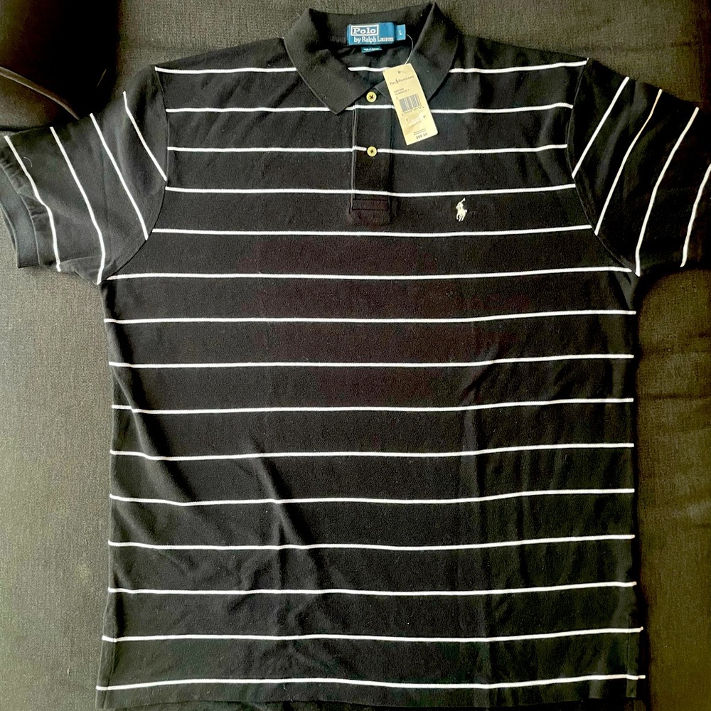 Ralph Lauren Polo cotton - Black w/ white striped polo - White Polo logo - Sz LG
